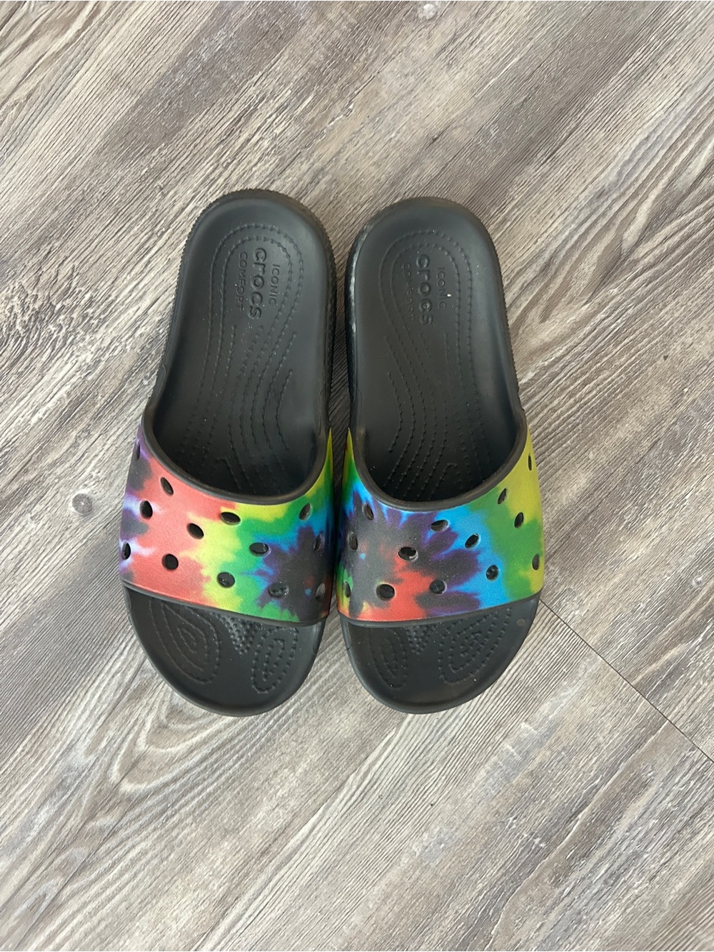 CROCS Tie-Dye Slide Sandals - Black with Rainbow